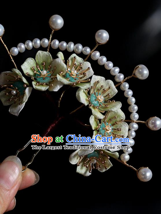 China Ancient Princess Green Flowers Hair Crown Handmade Pearls Hairpin Traditional Song Dynasty Hair Accessories