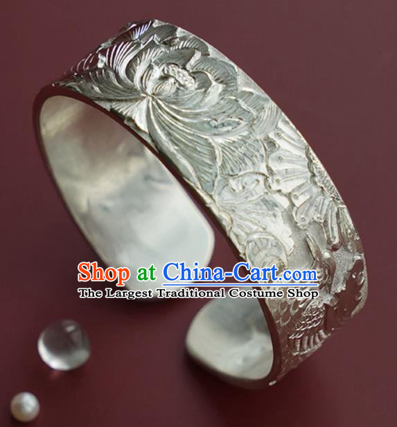 China Handmade Silver Bracelet Traditional National Carving Lotus Bangle Jewelry Accessories