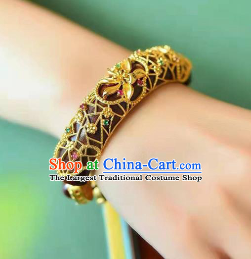 China Handmade Golden Lotus Bracelet Traditional Jewelry Accessories National Ebony Bangle