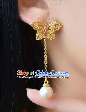 Handmade China Golden Butterfly Ear National Jewelry Accessories Traditional Cheongsam Tourmaline Pearl Earrings