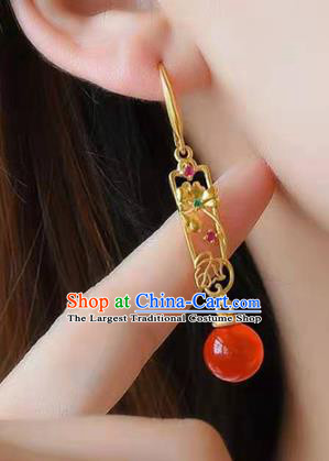 Handmade China Red Bead Ear National Jewelry Accessories Traditional Cheongsam Golden Earrings