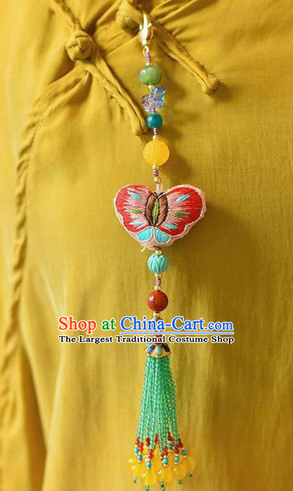 Chinese Classical Green Beads Tassel Necklace National Handmade Embroidered Butterfly Brooch Jewelry Accessories Pendant