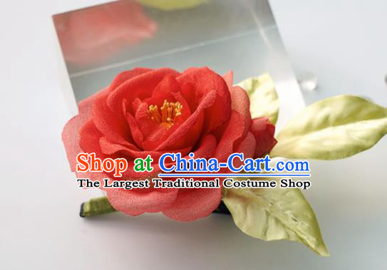 China Traditional Tang Dynasty Palace Lady Red Silk Camellia Hair Jewelry Handmade Hair Accessories Hairpin