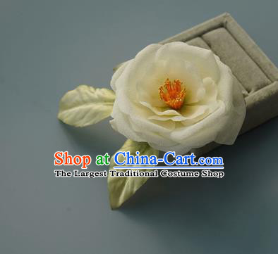 China Tang Dynasty White Silk Camellia Hair Stick Handmade Hair Accessories Traditional Flower Hairpin