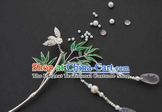 China Traditional Silver Bamboo Hairpin Handmade Hair Accessories Song Dynasty Pearls Tassel Hair Stick