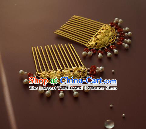 China Traditional Golden Mandarin Duck Hairpin Tang Dynasty Pearls Hair Comb Handmade Hair Accessories