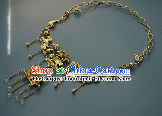 Chinese National Golden Lotus Necklace Handmade Min Dynasty Princess Jewelry Accessories Classical Necklet