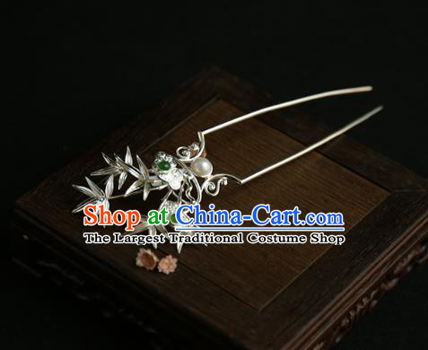 China Traditional Silver Bamboo Hair Stick Handmade Hair Accessories Jin Dynasty Pearl Hairpin