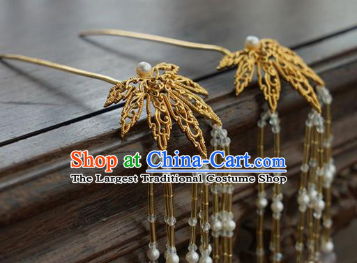 China Traditional Court Golden Leaf Hairpin Handmade Hair Accessories Tang Dynasty Tassel Hair Stick