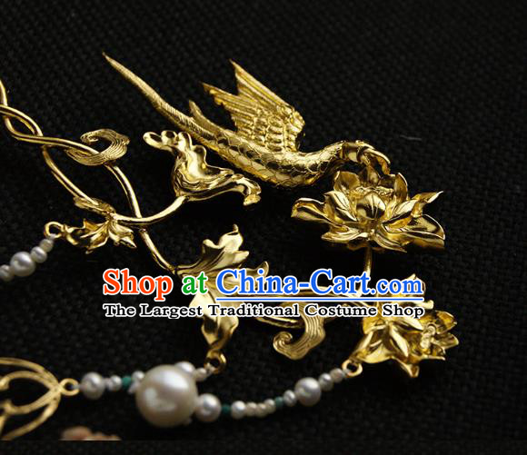 China Ming Dynasty Empress Tassel Hairpin Handmade Hair Accessories Traditional Golden Phoenix Lotus Hair Stick