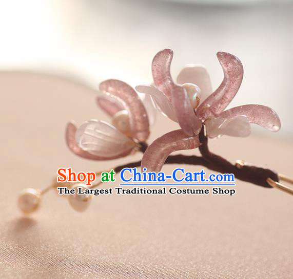 China Ancient Princess Pearls Hair Stick Handmade Hair Accessories Traditional Song Dynasty Rose Quartz Orchids Hairpin