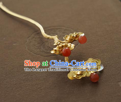 China Traditional Court Lady Agate Beads Hairpin Handmade Hair Accessories Song Dynasty Golden Hair Stick