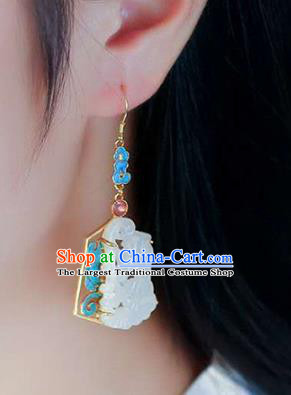 Handmade China Tourmaline Ear Jewelry Accessories Traditional Cheongsam White Jade Carving Earrings