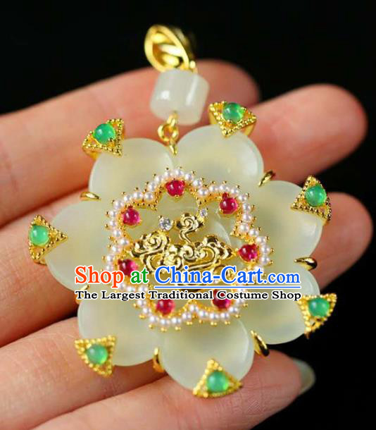 Chinese National Classical Pearls Necklace Accessories Handmade Jade Flower Golden Necklet Pendant