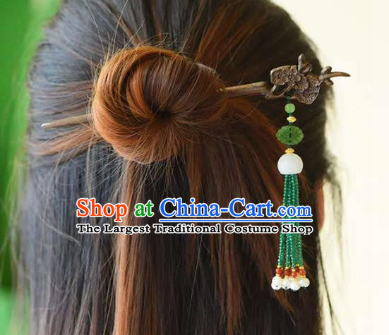 Chinese Traditional Green Beads Tassel Hairpin Handmade Ebony Carving Plum Hair Accessories