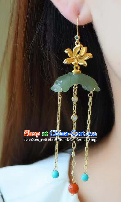 Handmade China Golden Lotus Eardrop National Jewelry Accessories Traditional Cheongsam Jade Moon Earrings