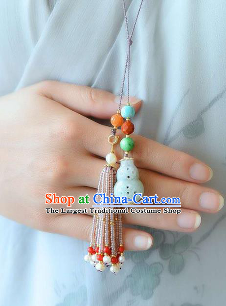 Chinese National Classical Jade Carving Gourd Necklace Accessories Handmade Pearls Tassel Necklet Pendant