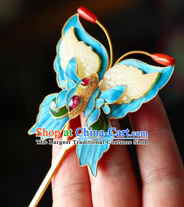 Chinese Traditional Jade Butterfly Hairpin Handmade Ancient Qing Dynasty Court Hair Accessories