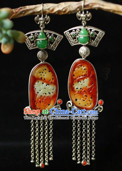 Handmade China Wedding Silver Tassel Eardrop Accessories Traditional Jade Jewelry National Cheongsam Gourd Earrings