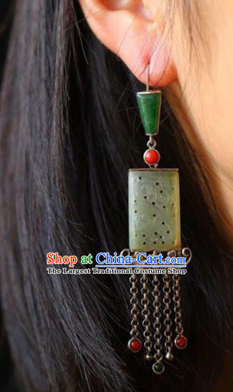 Handmade China National Cheongsam Earrings Wedding Silver Tassel Eardrop Accessories Traditional Jade Jewelry