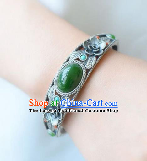 China Handmade Chrysoprase Bracelet Traditional Jewelry Accessories National Silver Carving Bangle