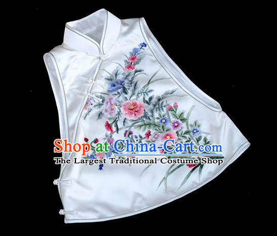 Chinese Traditional Waistcoat Costume Embroidered White Silk Vest Upper Outer Garment