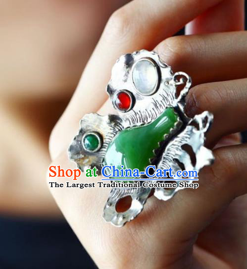 Chinese National Silver Butterfly Ring Jewelry Traditional Handmade Gems Circlet Jade Accessories