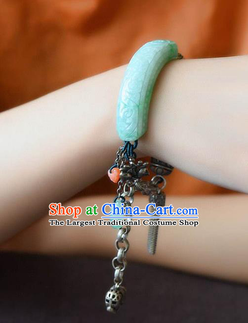 China Handmade Jadeite Carving Cloud Bracelet Traditional Jewelry Accessories National Silver Tassel Bangle