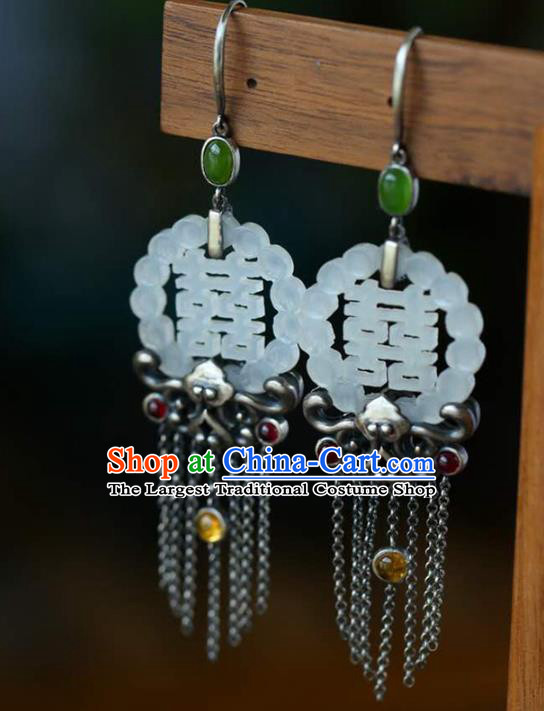 Handmade China Jade Eardrop Accessories National Cheongsam Silver Tassel Earrings Traditional Wedding Jewelry