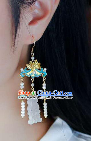 Handmade China Traditional Lotus Eardrop Accessories National Jade Jewelry Cheongsam Pearls Tassel Earrings