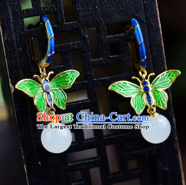 Handmade China National Cloisonne Green Butterfly Earrings Traditional Jewelry Cheongsam Hetian Jade Eardrop Accessories