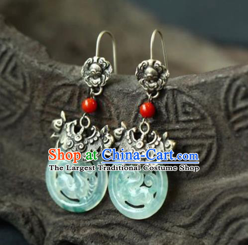 Handmade China Traditional Jade Jewelry Cheongsam Eardrop Accessories National Silver Carving Bat Earrings