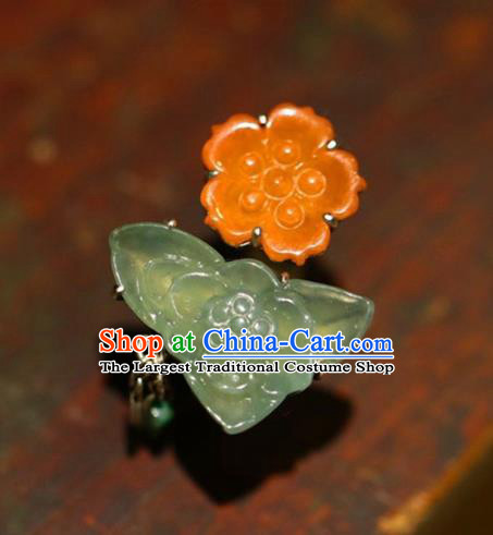 Chinese National Agate Flowers Ring Jewelry Traditional Handmade Jadeite Circlet Silver Accessories