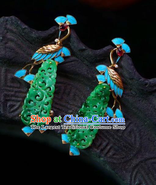 Handmade China National Jade Carving Cloud Earrings Traditional Jewelry Cheongsam Blueing Crane Eardrop Accessories