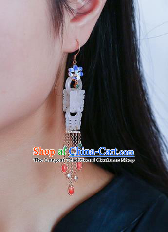 Handmade China National Tassel Earrings Traditional Blueing Jewelry Accessories Cheongsam Jade Eardrop