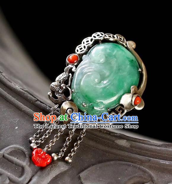 Chinese National Silver Tassel Ring Jewelry Traditional Handmade Jade Carving Circlet Accessories