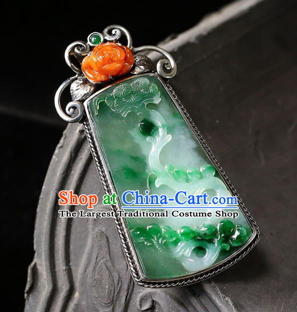 Chinese National Classical Jade Carving Necklace Accessories Handmade Silver Necklet Pendant