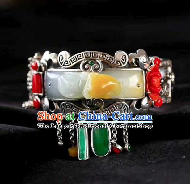 China Handmade Retro Silver Bracelet Traditional Jewelry Accessories National Jade Carving Bangle