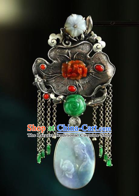 Chinese National Classical Silver Lotus Leaf Necklace Accessories Handmade Jade Goddess Guanyin Necklet Pendant