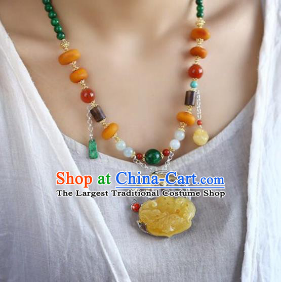 Chinese Classical Beeswax Carving Necklet Pendant Handmade Accessories National Jade Beads Necklace