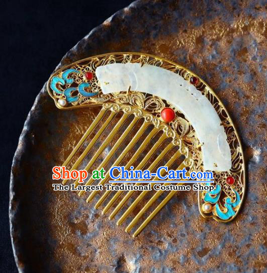 Chinese Handmade Qing Dynasty Court Jade Accessories Traditional Ancient Empress Golden Hair Comb Jewelry