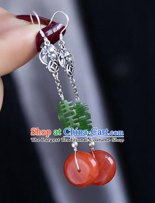 Handmade China Wedding Agate Eardrop Jewelry Traditional Accessories National Cheongsam Silver Bat Earrings