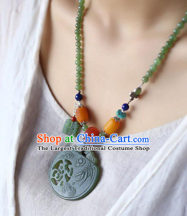 Chinese Classical Jade Beads Necklet Pendant Handmade Beeswax Accessories National Wedding Necklace