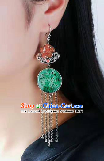 Handmade China Cheongsam Agate Plum Eardrop Traditional Silver Tassel Jewelry Accessories National Jade Earrings