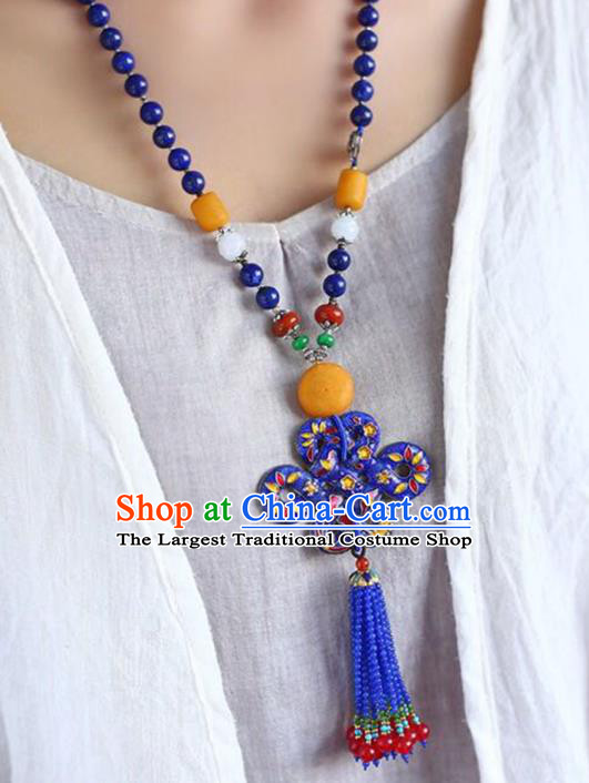 Chinese Classical Lapis Beads Tassel Necklet Pendant Handmade Accessories National Cloisonne Necklace