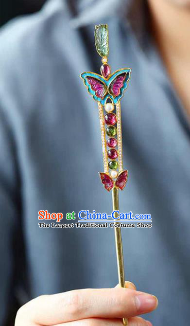 Chinese Handmade Qing Dynasty Court Gems Hair Accessories Traditional Ancient Empress Tourmaline Butterfly Hairpin Jewelry