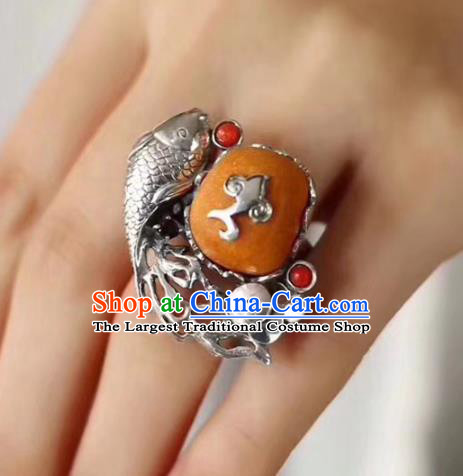 Chinese National Beeswax Ring Jewelry Traditional Handmade Silver Fish Circlet Accessories