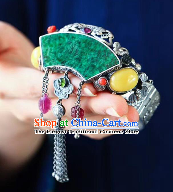 China National Jadeite Bangle Traditional Jewelry Accessories Handmade Retro Silver Carving Bat Bracelet