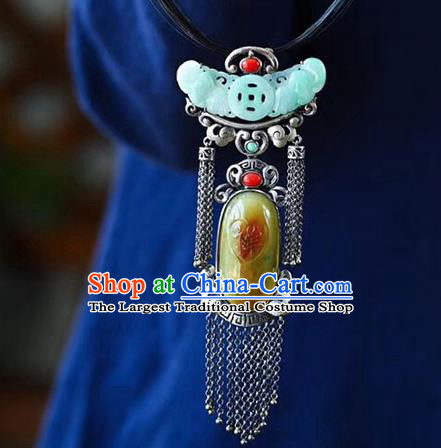 Chinese Classical Necklet Pendant Handmade National Jade Necklace Silver Tassel Accessories