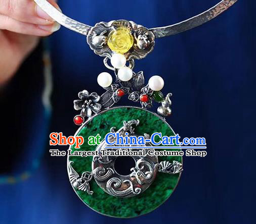 Chinese Classical Jadeite Necklet Pendant Handmade National Topaz Necklace Silver Bat Accessories